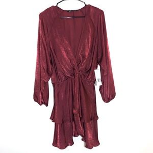 Zara Burgundy Ruffled Satin Dress Long Puff Sleeve